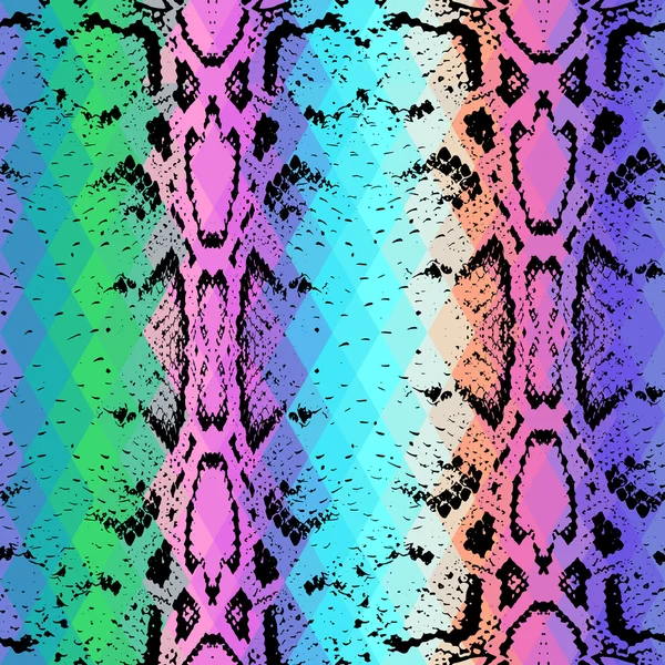 Yılan dokulu renkli rhombus ve deri. Geometrik arka plan. Dikişsiz desen siyah gökkuşağı yeşil mor mavi sarı renkli, renkli psychedelic geometrik mozaik süsleme üçgen. Vektör
