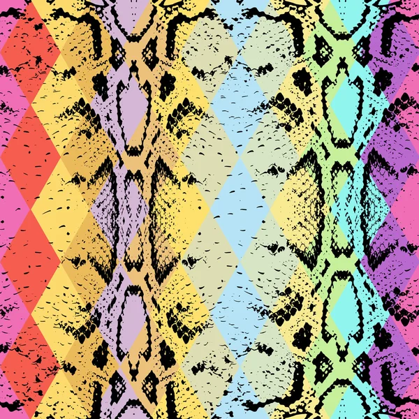Snake huid textuur met gekleurde ruit. Geometrische achtergrond. Naadloze pattern zwart groen paars blauw gele achtergrond, kleurrijke psychedelische geometrische mozaïek sieraad driehoek. Vector — Stockvector
