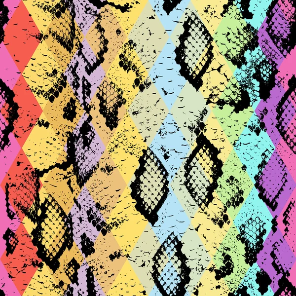 Textura de piel de serpiente con rombo de color. Fondo geométrico. Patrón sin costuras negro arco iris verde púrpura azul amarillo fondo, colorido psicodélico geométrico mosaico ornamento triángulo. Vector — Archivo Imágenes Vectoriales