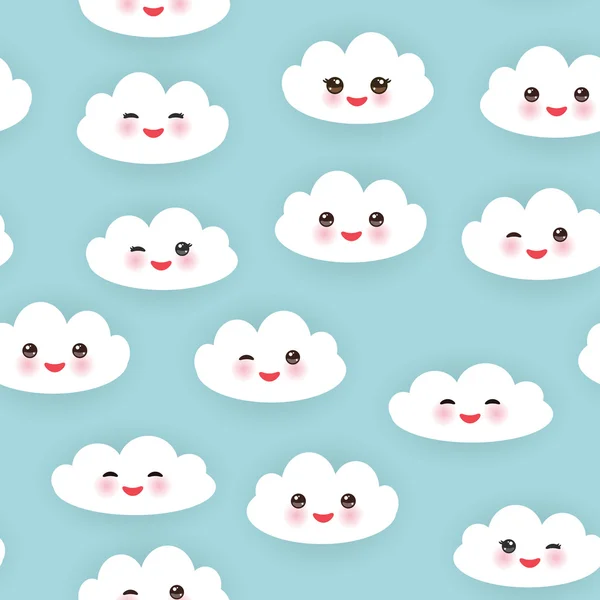 Ensemble de nuages blancs drôles Kawaii, museau aux joues roses et yeux clignants. Modèle sans couture sur fond bleu. Vecteur — Image vectorielle