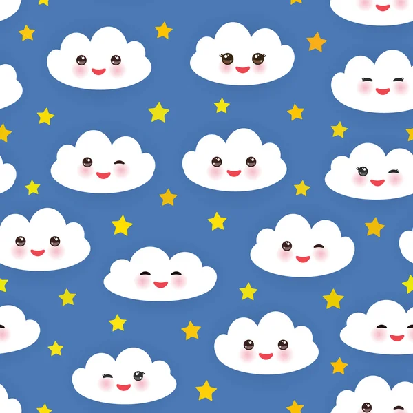 Nubes blancas divertidas de Kawaii fijadas, bozal con mejillas rosadas y ojos guiñando el ojo. Patrón sin costuras sobre fondo azul. Vector — Archivo Imágenes Vectoriales