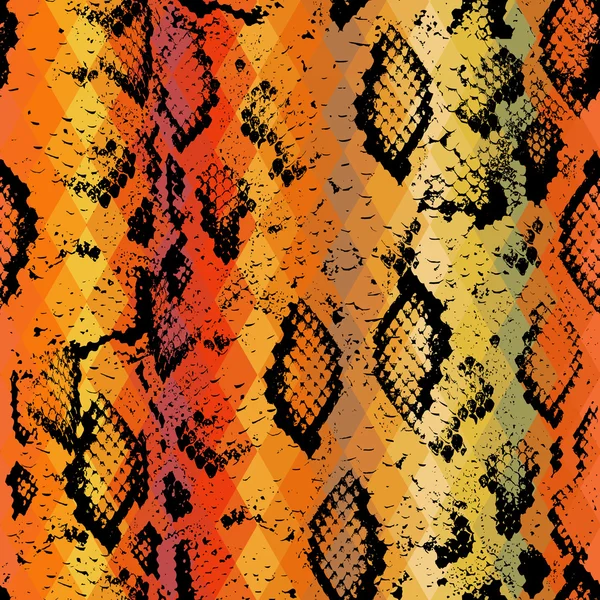 Textura de pele de cobra com losango colorido. Fundo geométrico. Padrão sem costura preto marrom amarelo vermelho fundo, colorido psicodélico geométrico mosaico ornamento triângulo. Vetor —  Vetores de Stock