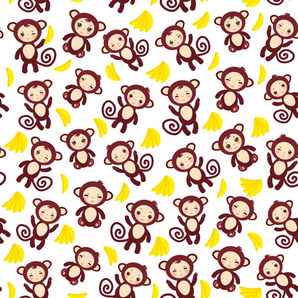Padrão sem costura com macaco marrom engraçado, bananas amarelas, meninos e meninas no fundo branco. Vetor — Vetor de Stock