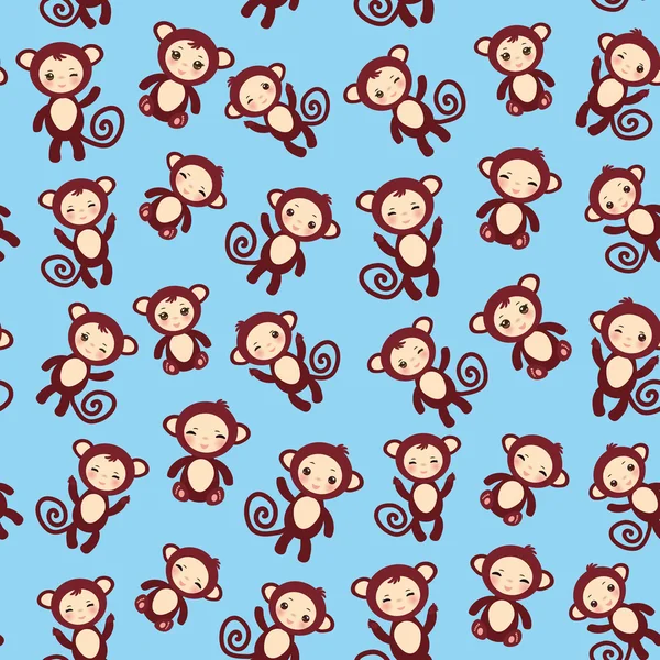 Seamless pattern with funny brown monkey boys and girls on blue background. Vector — Stock Vector