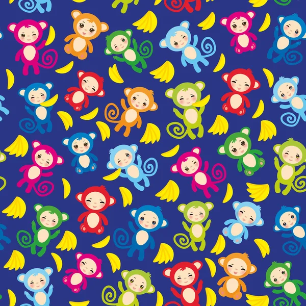 Patrón sin costuras con divertido verde azul mono naranja rosa, plátanos amarillos, niños y niñas sobre fondo azul. Vector — Vector de stock