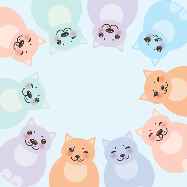 Kort mall, Funny grön blå rosa orange fett katter, pastellfärger på vit bakgrund. Vektor — Stock vektor