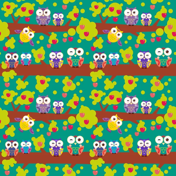 Seamless pattern set bright colorful owls on the branch of a tree with red apples on dark green background. Vector — Stock Vector