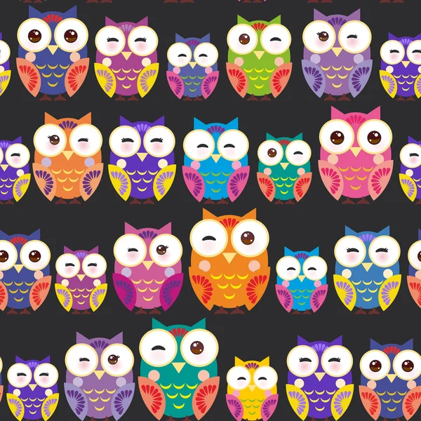 Bezproblemowy wzór-jasne kolorowe Owls na czarnym tle. Wektor — Wektor stockowy