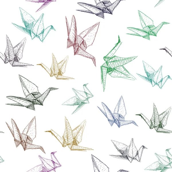 Grúas de papel de origami japonesas símbolo de felicidad, suerte y longevidad, patrón sin costuras de boceto. púrpura azul marrón línea verde sobre fondo blanco. Vector — Vector de stock
