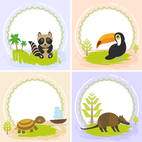 Toucan vogel, wasbeer, schildpad, Armadillo, set van kaarten ontwerp met grappige dieren, sjabloon banner voor uw tekst met ronde frame. Vector — Stockvector