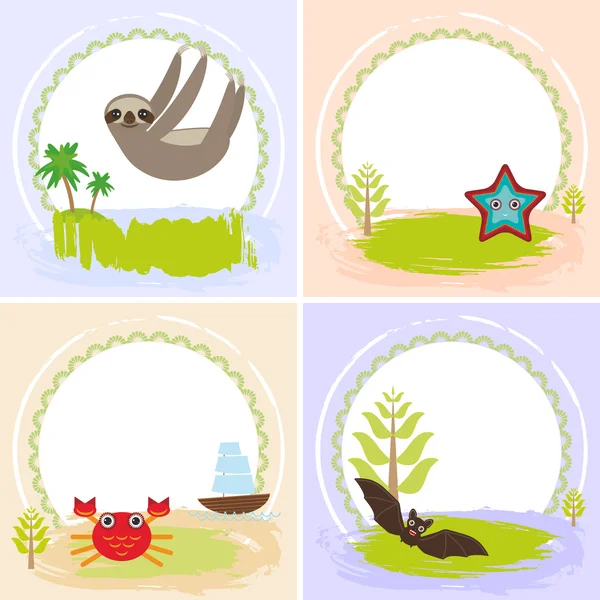 Pereza, cangrejo, cáncer, estrellas de mar, murciélago, conjunto de tarjetas de diseño con animales divertidos, banner plantilla para su texto con marco redondo. Vector — Archivo Imágenes Vectoriales