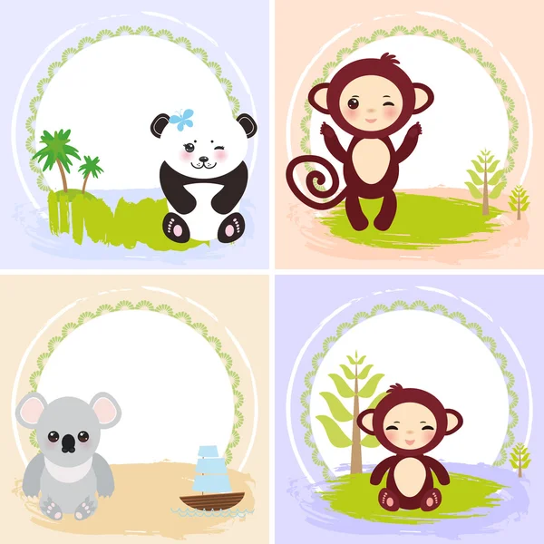 Macaco, panda, ursos koala, conjunto de cartões de design com animais engraçados, banner modelo para o seu texto com moldura redonda. Vetor — Vetor de Stock