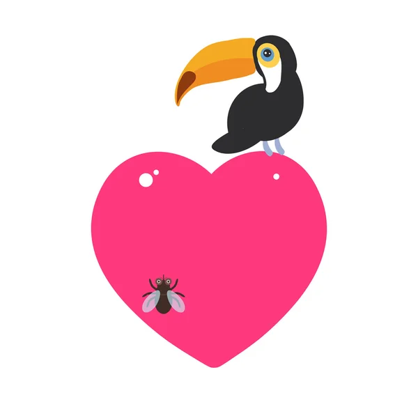 Cute Cartoon toucan bird y la mosca Diseño de la tarjeta con un animal divertido con corazón rosa sobre un fondo blanco. Vector — Vector de stock