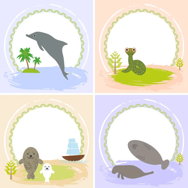 Delfín, serpiente, manatíes, sellos, conjunto de tarjetas de diseño con animales divertidos, banner plantilla para su texto con marco redondo. Vector — Archivo Imágenes Vectoriales