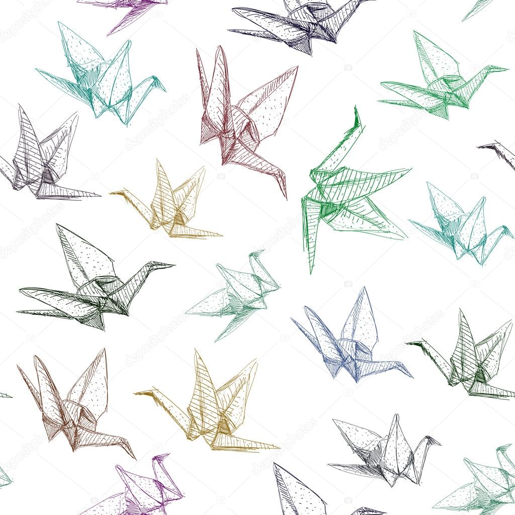 Japanese Origami paper cranes sketch, symbol of happiness, luck and  longevity Wall Mural by EkaterinaP