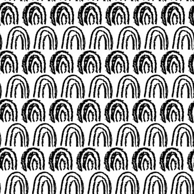 Kusursuz desenli gökkuşağı soyut pulları, gökyüzü, basit doğa karalama kalemleri mürekkep çizgileri arka plan, siyah beyaz. Hediye paketi, kumaşlar, duvar kağıtları, İskandinav tarzı kreş dekorasyonu için kullanılabilir. Vektör illüstrasyonu