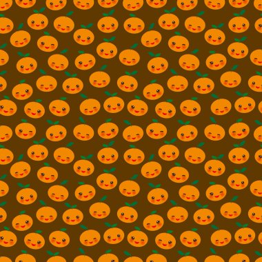 Kusursuz desenli tatlı Kawaii portakalı, göz kırpan ve pembe yanaklı, sezonun kahverengi arka plan trendi. Hediye ambalajı, duvar kâğıtları, yiyecek ambalajı için kullanılabilir. Vektör illüstrasyonu