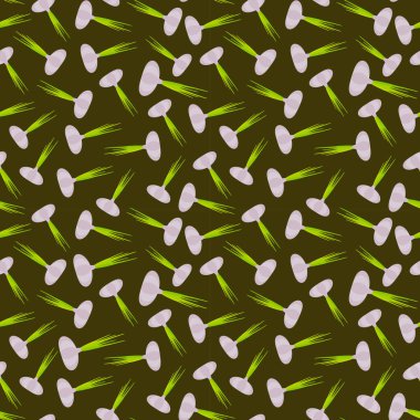 Yeşil yapraklı, pürüzsüz sarımsak kafalı, sezonun koyu yeşil arka plan trendi. Hediye ambalajı, duvar kâğıtları, yiyecek ambalajı için kullanılabilir. Vektör illüstrasyonu