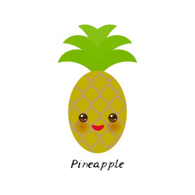 Tatlı Kawaii ananasları, gözleri ve pembe yanakları, sezonun beyaz arka planında izole edilmiş. Çocukların kelime öğrenmesi, yemek paketlemesi için kart kullanılabilir. Vektör illüstrasyonu