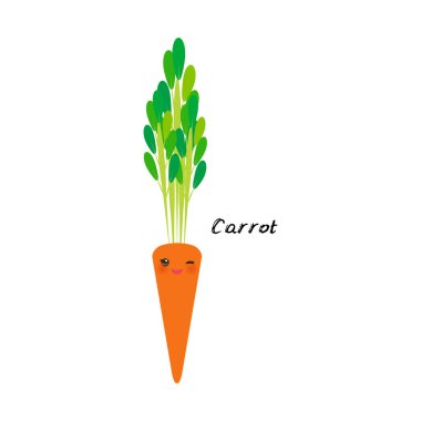 Tatlı Kawaii turuncu havucu, yeşil yapraklı, gözleri pembe yanaklı, sezonun beyaz arka planında izole edilmiş. Çocukların kelime öğrenmesi, yemek paketlemesi için kart kullanılabilir. Vektör illüstrasyonu