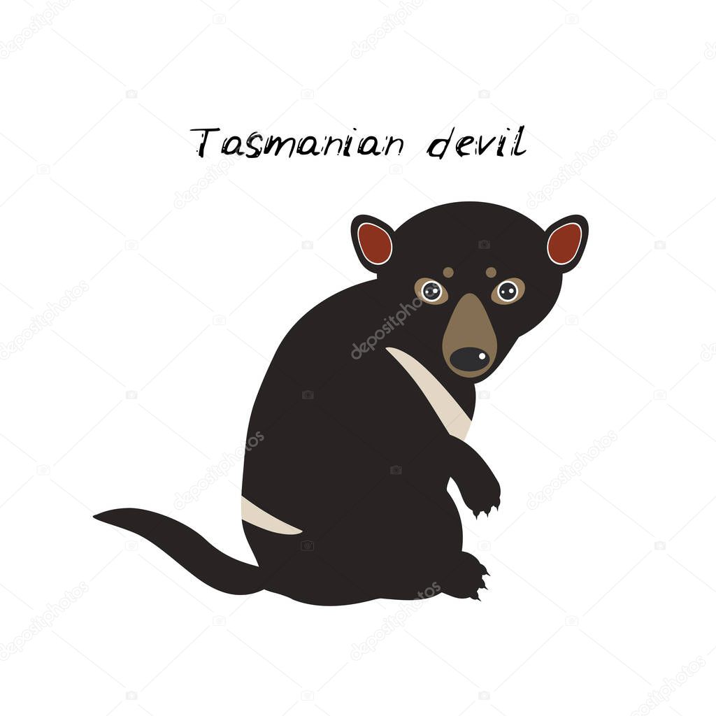 cute Kawaii Australian Tasmanian devil, isolated on white background. Can be used for cards for preschool children games, learning words. Vector illustration