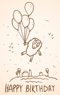 Happy birthday card. Funny sheep with balloons, cityscape. Sketc clipart