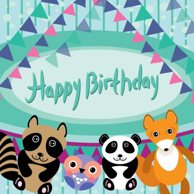 komik hayvanlar. baykuş, tilki, rakun, panda. mutlu doğum günü kartı. vektör