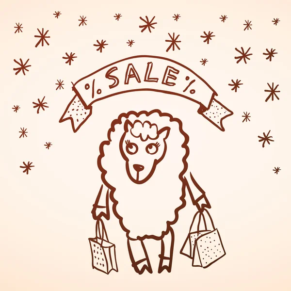 Christmas sale. Merry Christmas card. Funny sheep girl with pack — Stock Vector