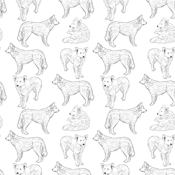 Naadloze patroon met honden. herder. schets tekening. zwarte contour op een witte achtergrond. vector — Stockvector