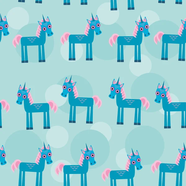 Seamless pattern with funny cute unicorn animal on a blue backgr — Stock Vector