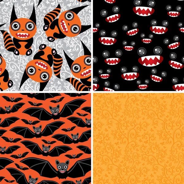 Ensemble joyeux Halloween de quatre motifs sans couture. Chauves-souris, monstres. V — Image vectorielle