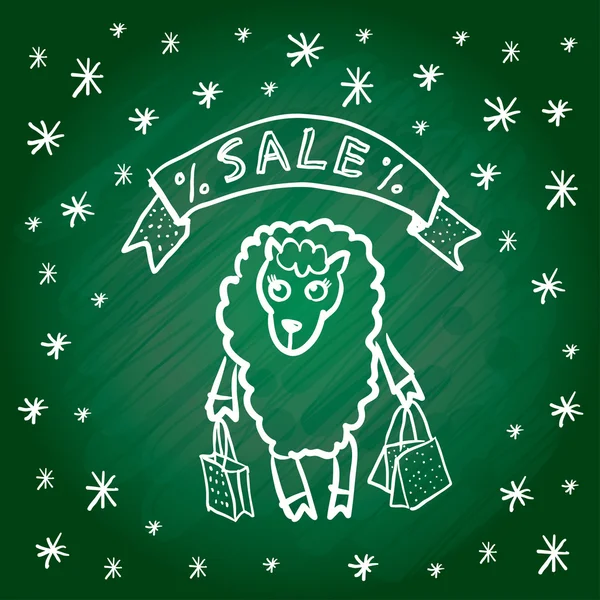Christmas sale. Merry Christmas card. Funny sheep girl with pack — Stock Vector