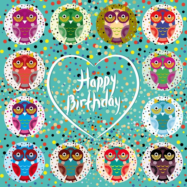 Funny colorful owls on a turquoise background. Heart. Happy birt — Stock Vector