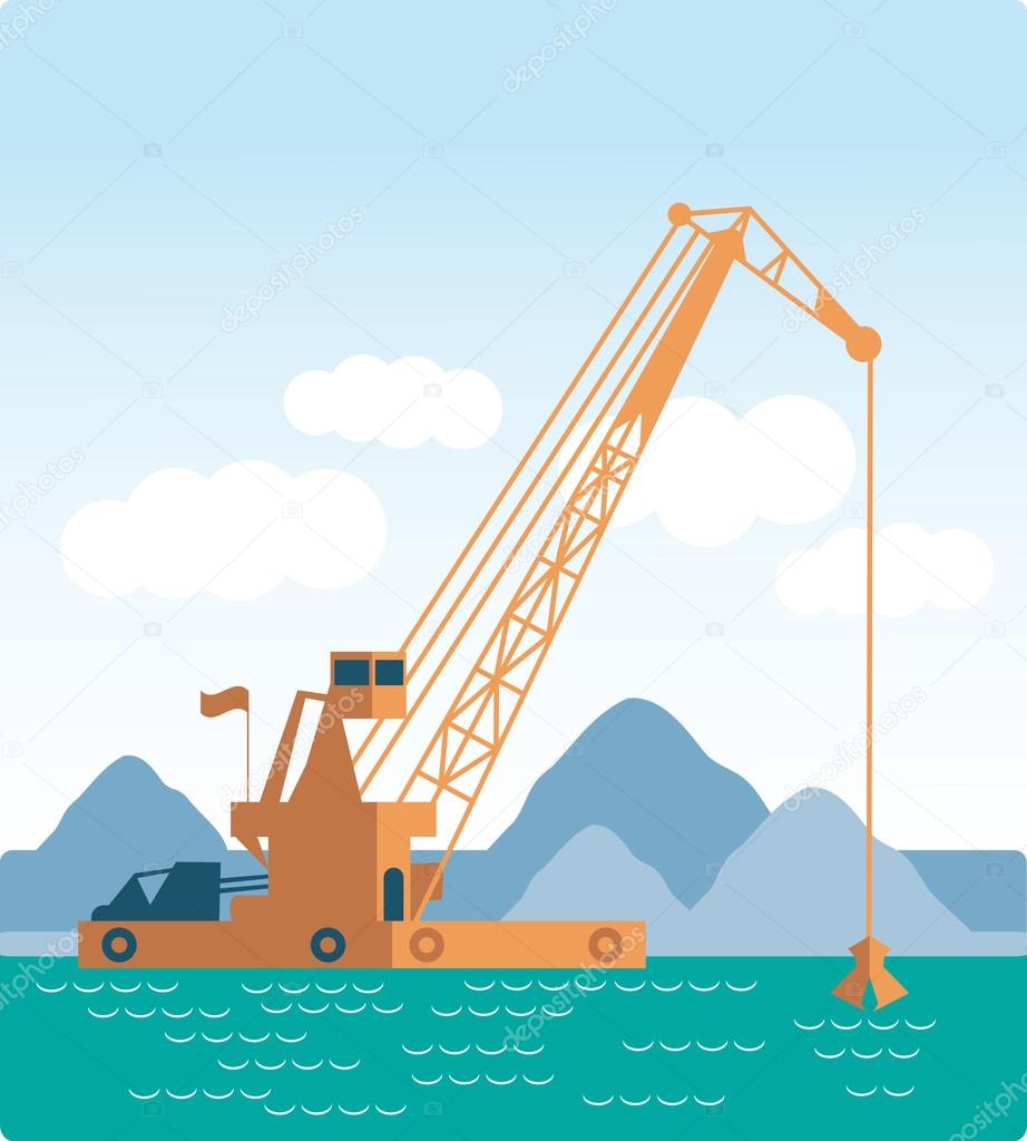 Modern style flat Huge crane barge Industrial ship that digs sand, marine dredging digging sea bottom. quarry ore earth. Vector