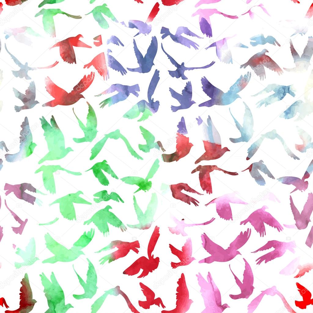 Watercolor Doves and pigeons seamless pattern on white backgroun