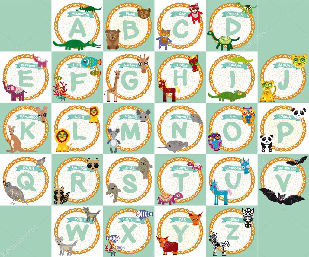 Alphabet for kids from A to Z. Set of funny cartoon animals character. zoo. vector