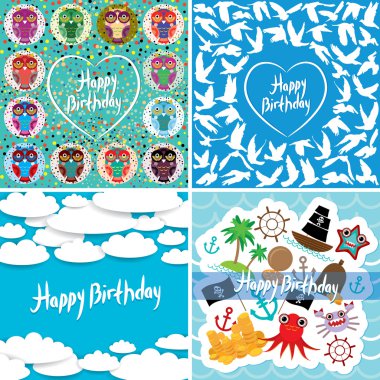 Komik renkli mutlu doğum günü kartı ayarlayın. Vektör