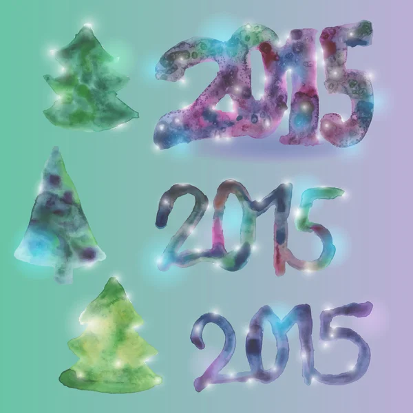 Přání nastavit čísla a vánoční stromky nový rok 2015 akvarel. vektor — Stockový vektor