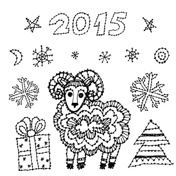 Nastavit nový rok symbolem 2015 ovce, smrk, sněhové vločky na bílém pozadí. černé obrysy skica. vektor — Stockový vektor