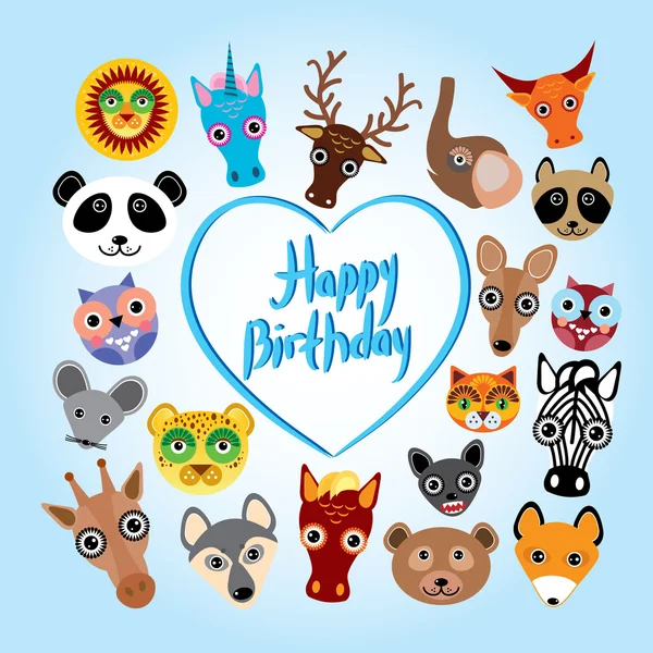 Feliz tarjeta de cumpleaños. Cara de animal lindo divertido. Vector — Vector de stock