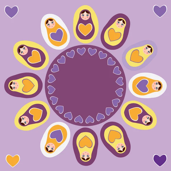 Card orange Russian dolls matryoshka on a purple background. Vector — Stock Vector