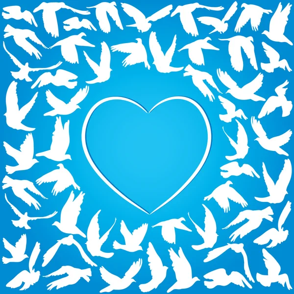 飞行鸽和平概念和婚礼设计。蓝色背景上的白色心。矢量 — 图库矢量图片