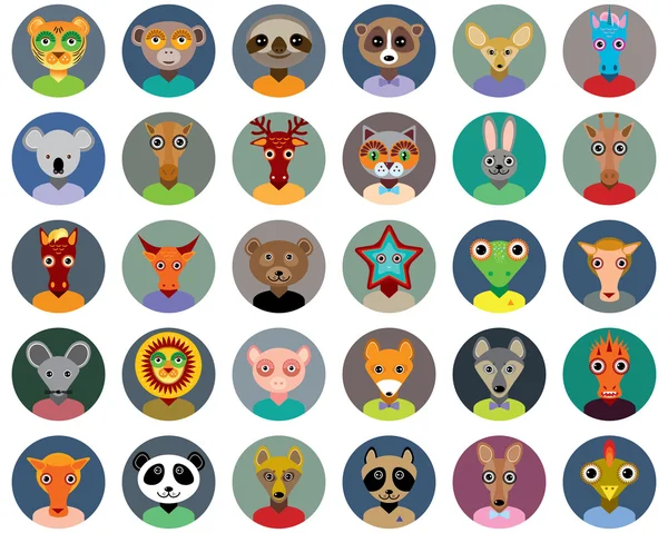 Conjunto de animais enfrenta ícones círculo definido na moda estilo plano. design de infográficos do zoológico. vetor — Vetor de Stock