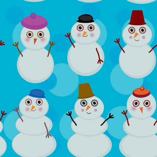 Modello senza soluzione di continuità simpatici pupazzi di neve cartone animato su sfondo blu per il design invernale. vettore — Vettoriale Stock