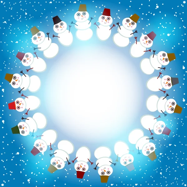 Set of cute cartoon snowmen round frame for text for winter design. vector — Stock Vector