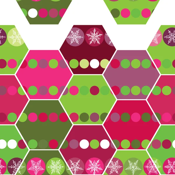 Feestelijke naadloze patroon zeshoek en Kerstmis sneeuwvlokken. Roze, paars, groene achtergrond. vector — Stockvector