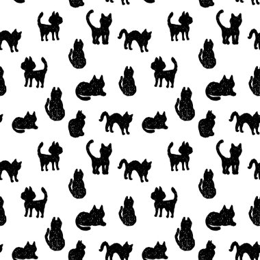 Seamless modeli siyah beyaz arka plan üzerinde siluetleri kediler. vektör