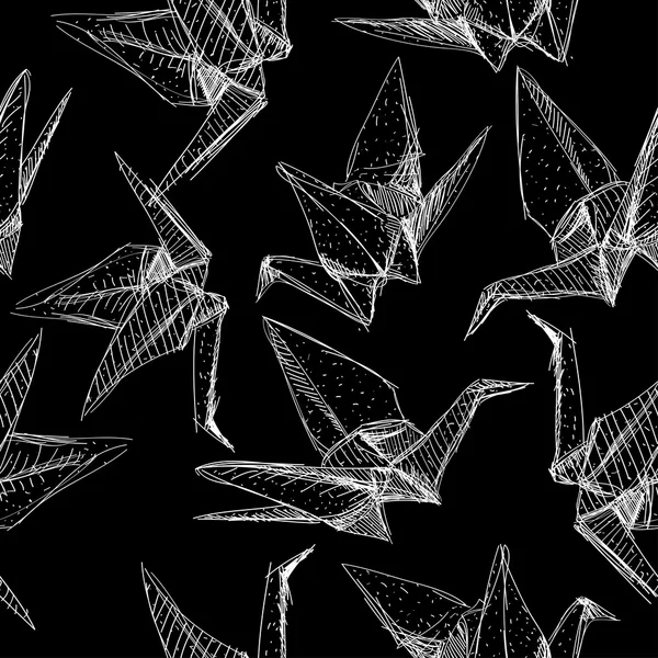 Origami paper cranes sketch seamless pattern. black and white background. Vector — Stock Vector