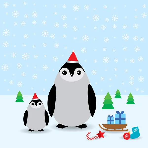 Pingouins drôles dans le chapeau rouge, carte d'hiver de Noël. vecteur — Image vectorielle