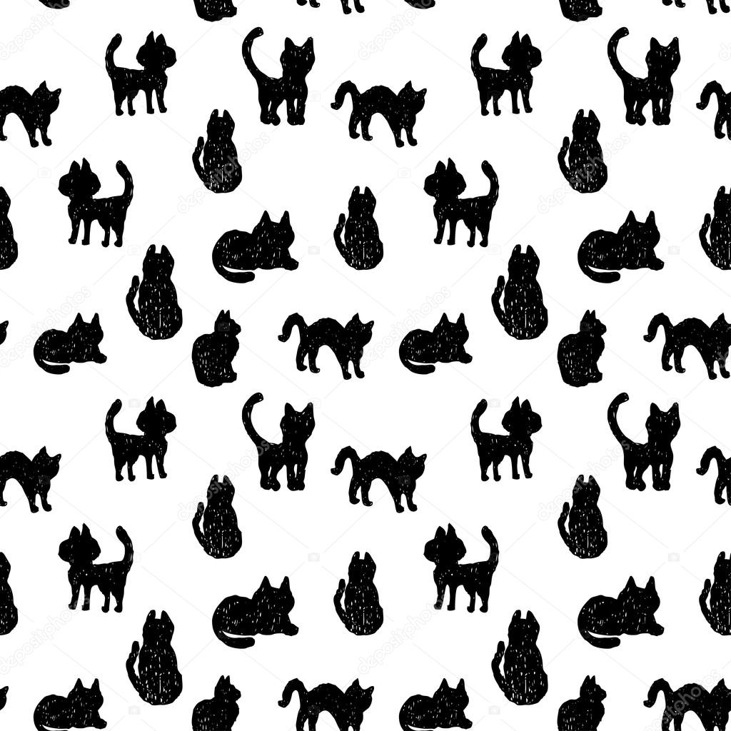 Seamless pattern Black cats silhouettes on white background. vector